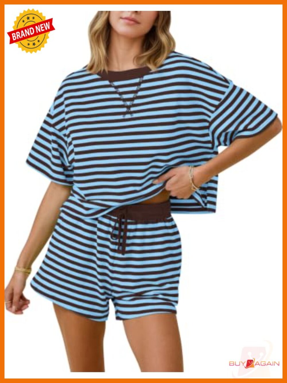 Womens Striped Lounge 2 Piece Set Cotton Blend Short Sleeve Top & Shorts